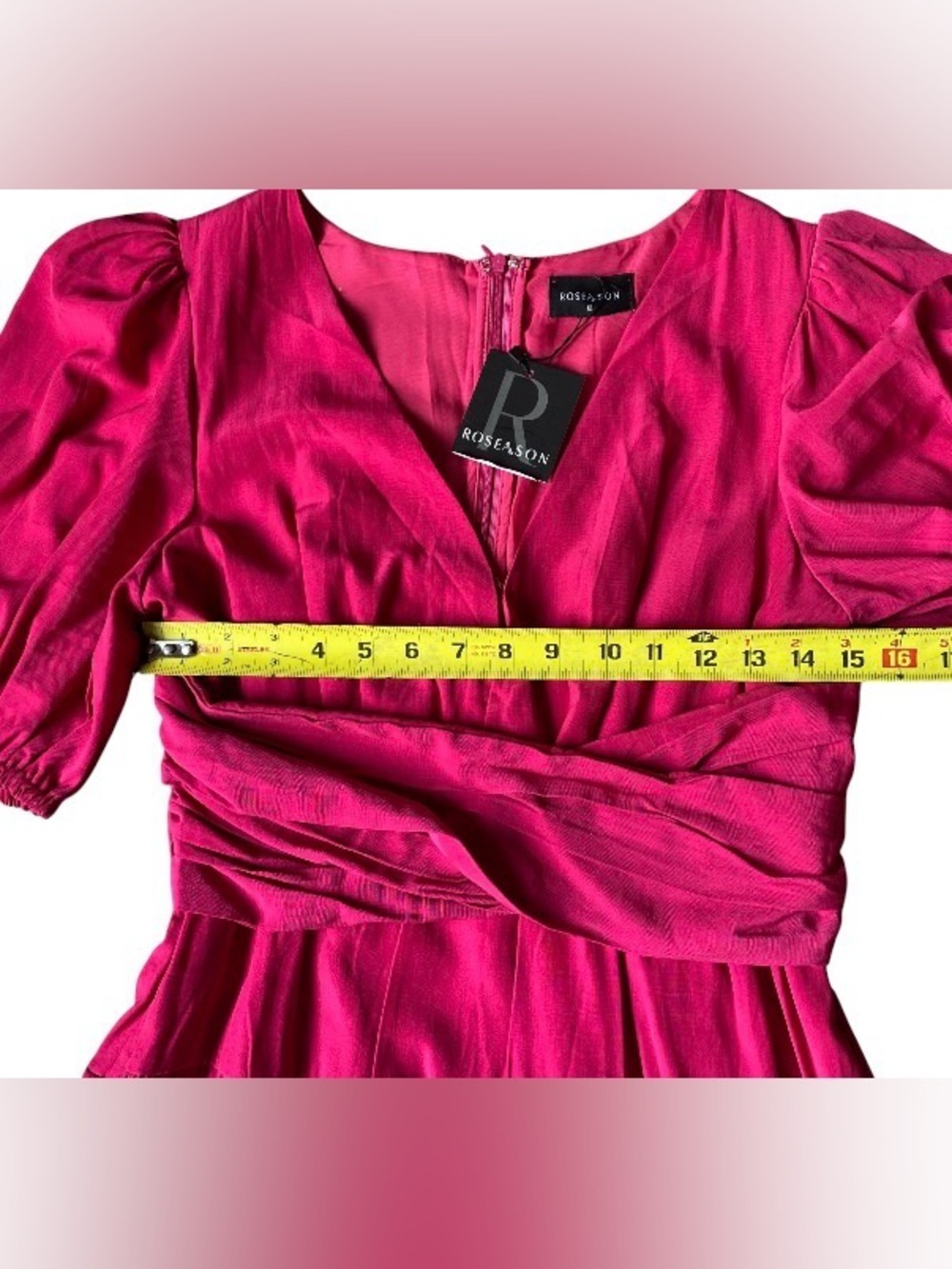 Roseason Hot Pink Mini Dress Size 12 NWT V-Neck Puff Sleeve Tiered Viscose Ramie - Picture 6 of 9
